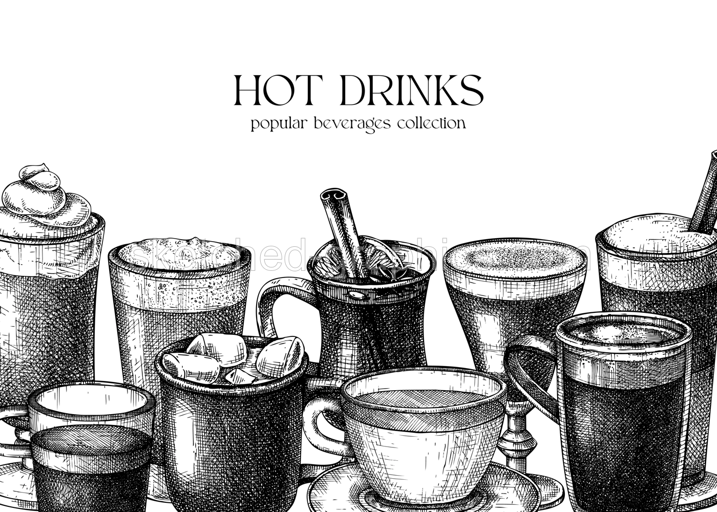 Bar menu design template. Vector banner with hot drinks illustrations. Hand-sketched tea, mulled wine, coffee, hot chocolate drawings. Popular beverages in mugs, cups, glasses for cafe brands. Illustration